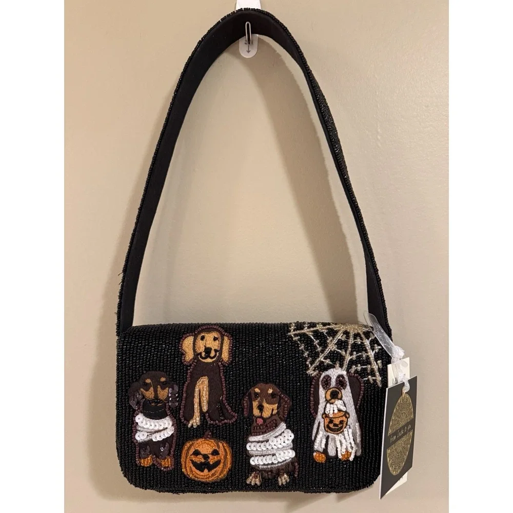 Made In India Black Halloween Ghost Dogs Beaded Bag Pumpkins, Spider Web Viral